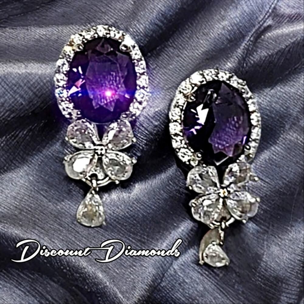 Oval Purple Amethyst & Natural White Topaz Dangle Earrings on 925 Silver